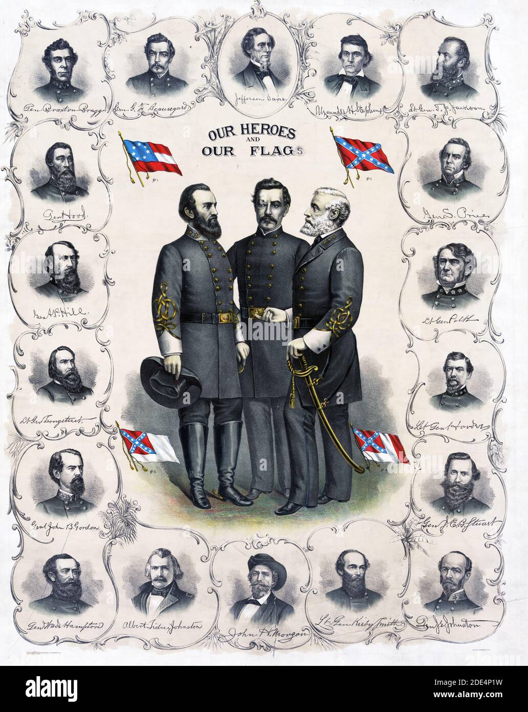 Drucken mit voller Länge Porträts von Robert E. Lee, Stonewall Jackson und G.T. Beauregard mit vier Versionen der Confederate Flag durch Büste Porträts von Jefferson Davis und Konföderierten Offizieren umgeben. Stockfoto