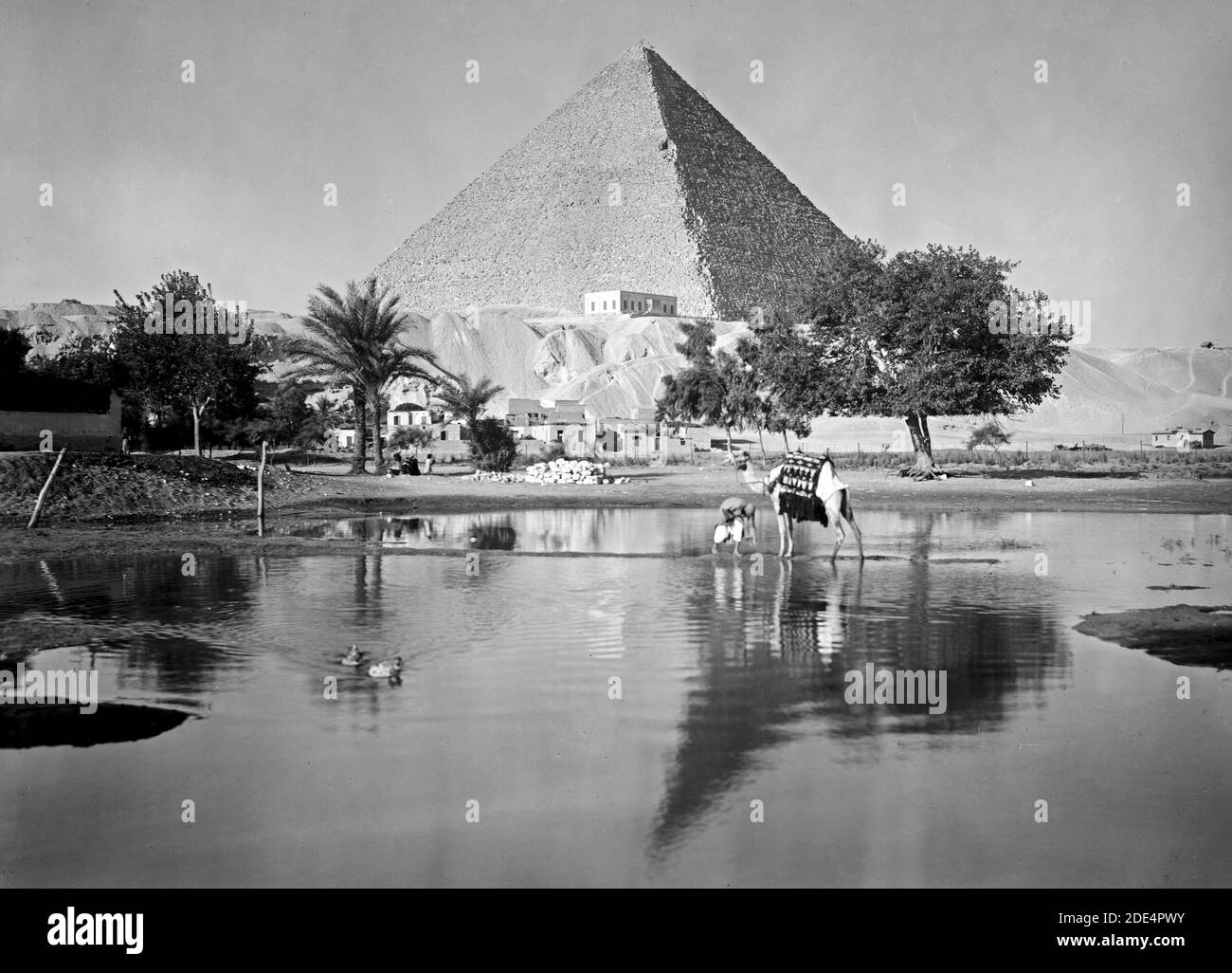 Originalunterschrift: Ägypten. Pyramiden von Gizeh. Die Große Pyramide. Reflektierende Pyramide & montierter Kamelmann - Ort: Ägypten--Jizah Ca. 1934-1939 Stockfoto