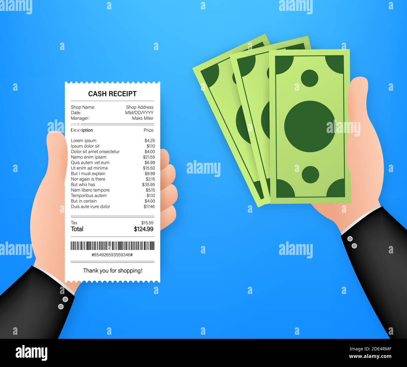 Empfangssymbol in flacher Form, isoliert auf farbigem Hintergrund. Rechnungszeichen. geldautomat Vorlage oder Restaurant Papier Finanzcheck Stock Vektor