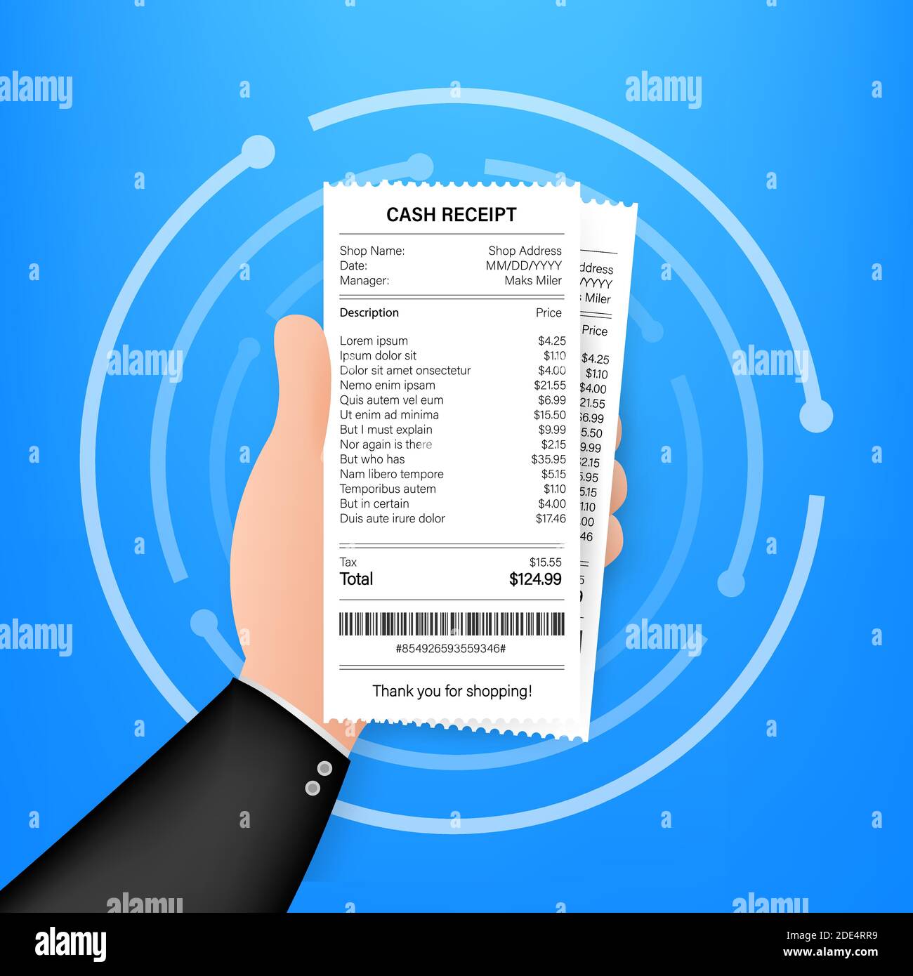 Empfangssymbol in flacher Form, isoliert auf farbigem Hintergrund. Rechnungszeichen. geldautomat Vorlage oder Restaurant Papier Finanzcheck. Vektormaterial Stock Vektor