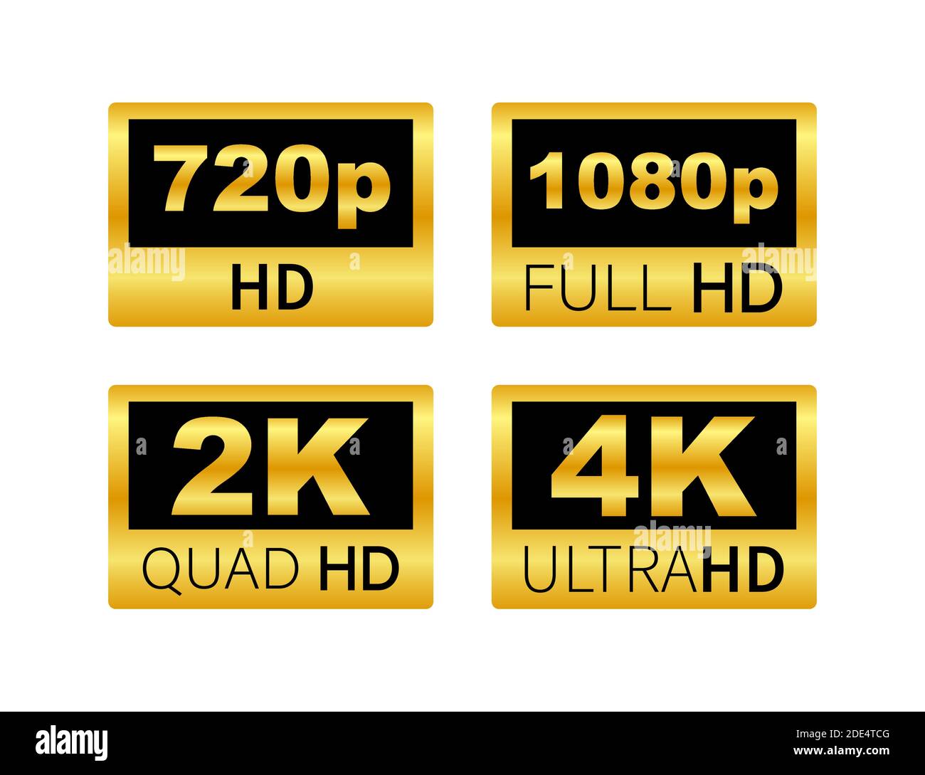 Beschriftungen für Videodimensionen. Videoauflösung 720, 1080, 2k, 4k, Abzeichen. Qualitätsdesign. Vektorgrafik. Stock Vektor