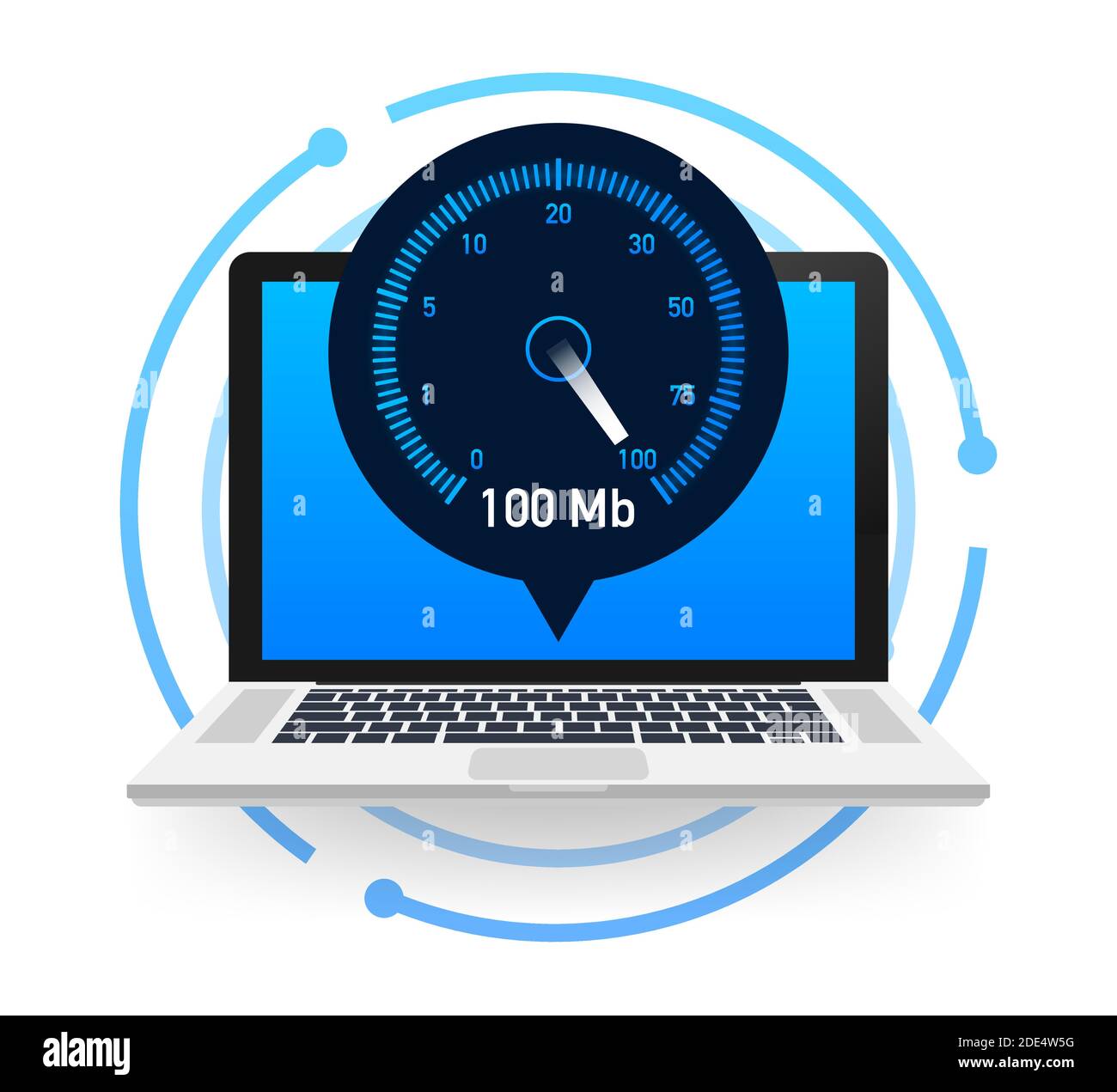 Geschwindigkeitstest auf dem Laptop. Geschwindigkeitsmesser Internet-Geschwindigkeit 100 mb. Website Geschwindigkeit Ladezeit. Vektorgrafik. Stock Vektor
