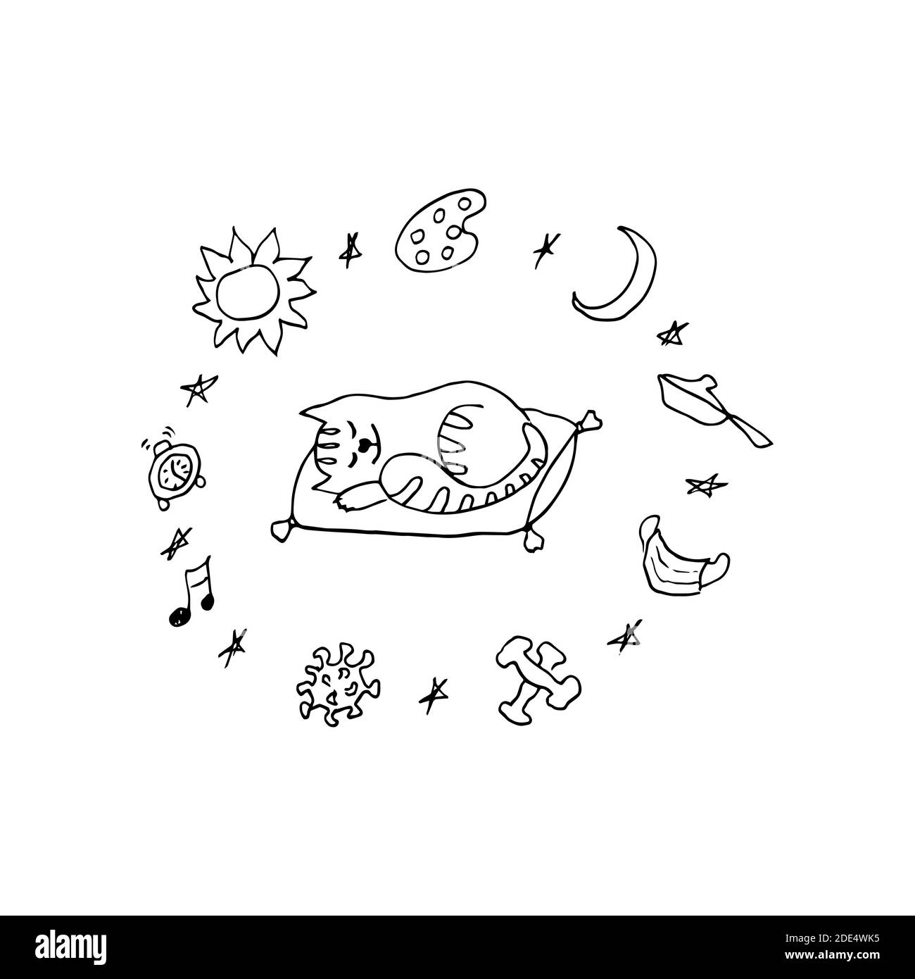 Vektor lustige Illustration einer Katze schlafen auf einem Kissen in Quarantäne. Lustige Illustration von Procrastination Stock Vektor