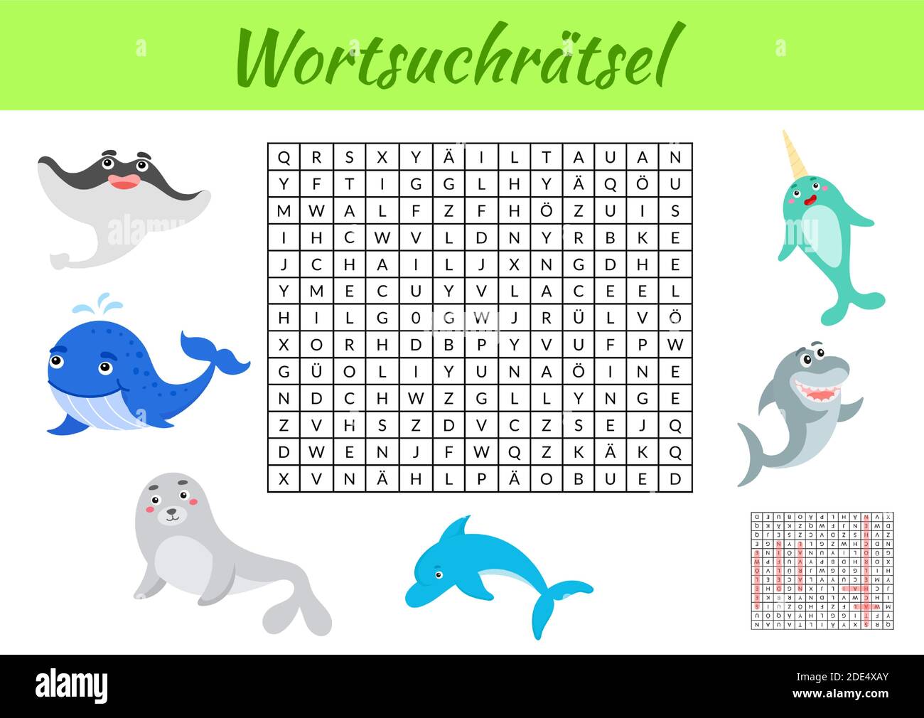 Wortsuchrätsel - Wortsuche Puzzle. Kinder Aktivität Arbeitsblatt bunt druckbare Version. Lernspiel für deutsche Wörter zu studieren. Enthält Antworten. Stock Vektor