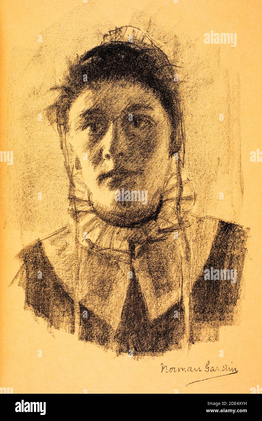 Head of Woman, Auto-Lithographie des irischen Künstlers Norman Garstin aus dem Jahr 1896 The Studio an Illustrated Magazine of Fine and Applied Art Stockfoto