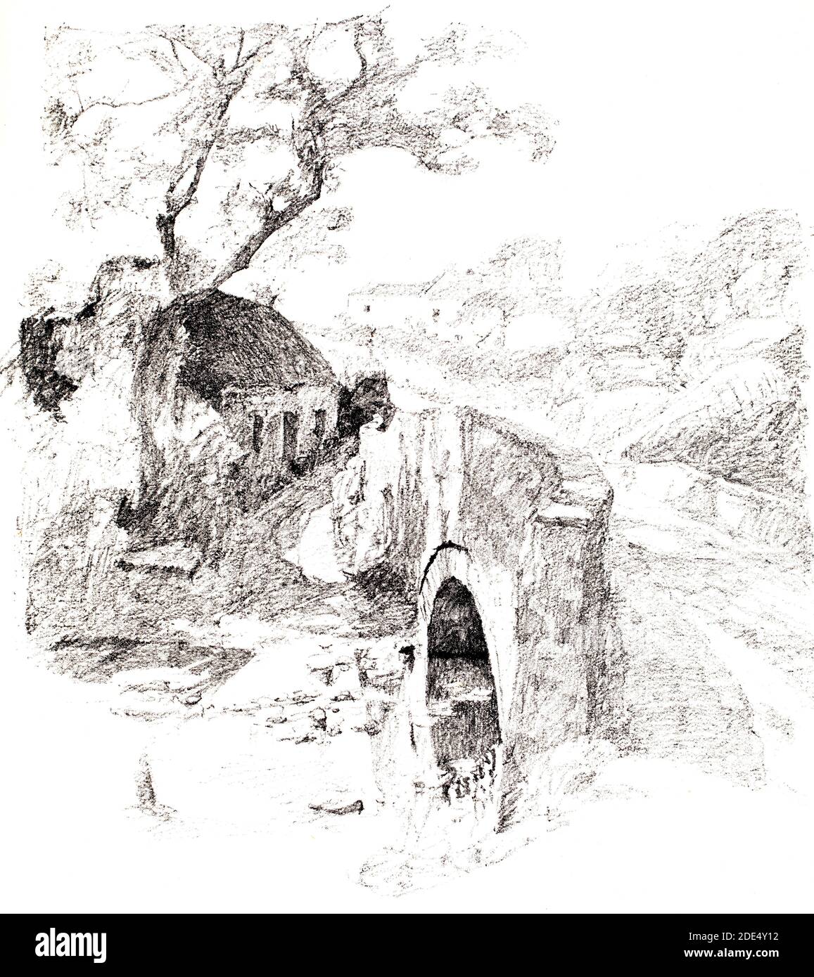 Bridge on the Awin Ruy, Balla Salla, Isle of man, 1895 Bleistiftzeichnung von Archibald Knox aus dem Jahr 1896 The Studio an Illustrated Magazine of Fine and Appli Stockfoto