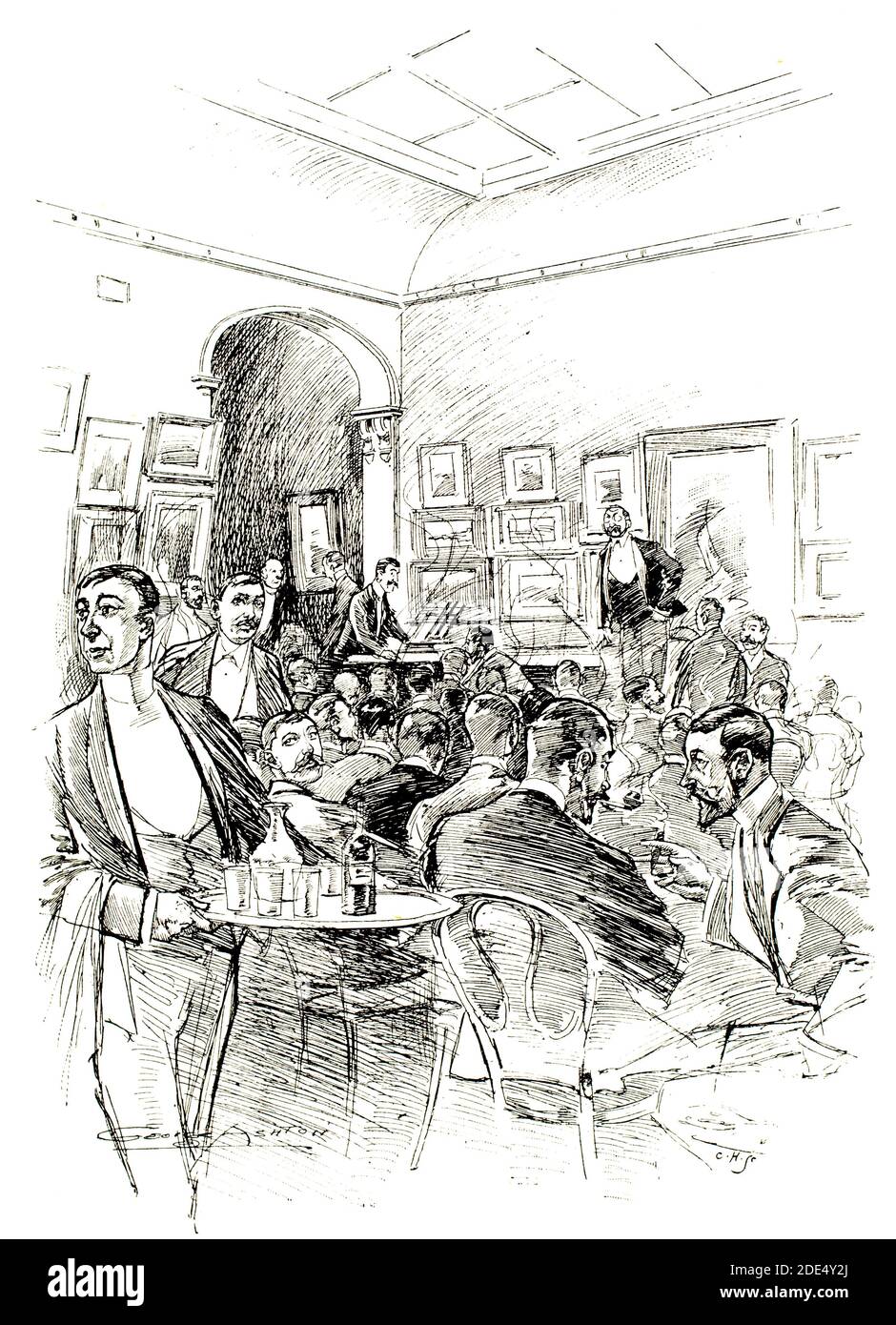 A Smoke Night, Victorian Artist’s Society, Line Illustration von Australian George Ashton aus dem Jahr 1896 The Studio an Illustrated Magazine of Fine and Appl Stockfoto
