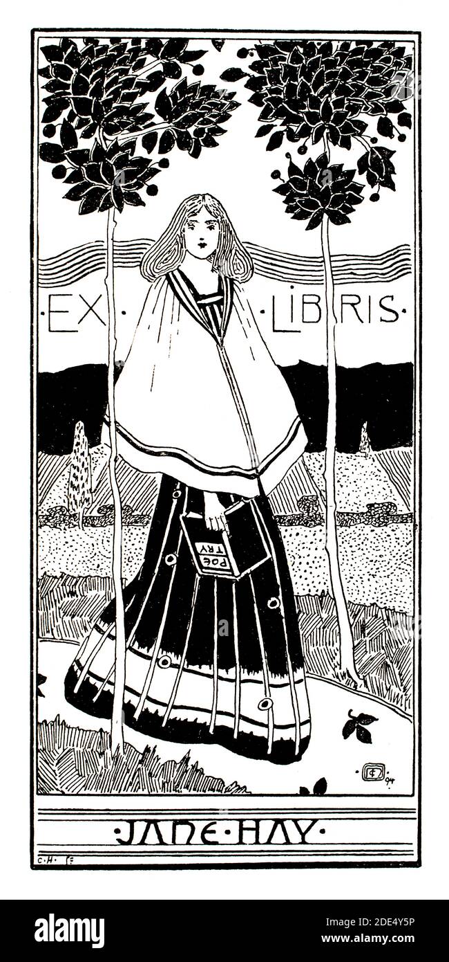 Exlibris Design für Jane Hay, 1994 Linienillustration von William Brown MacDougall aus dem Jahr 1896 The Studio an Illustrated Magazine of Fine and Applied Art Stockfoto