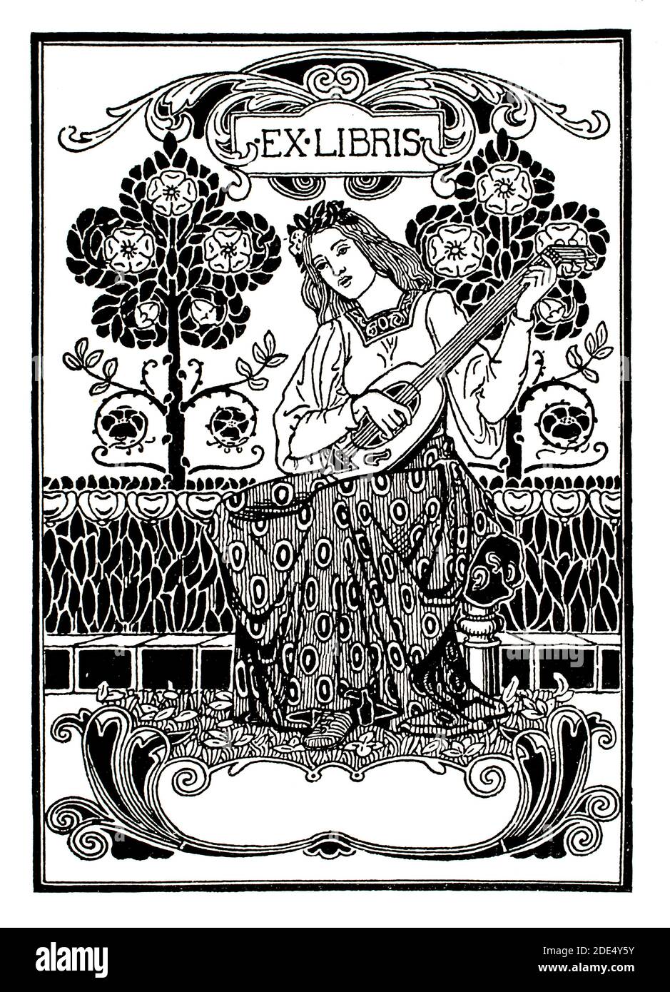 Frau spielt Laute Bücherregal Design, Linienillustration von Arthur Maude aus dem Jahr 1896 das Studio ein Illustriertes Magazin für bildende und angewandte Kunst Stockfoto