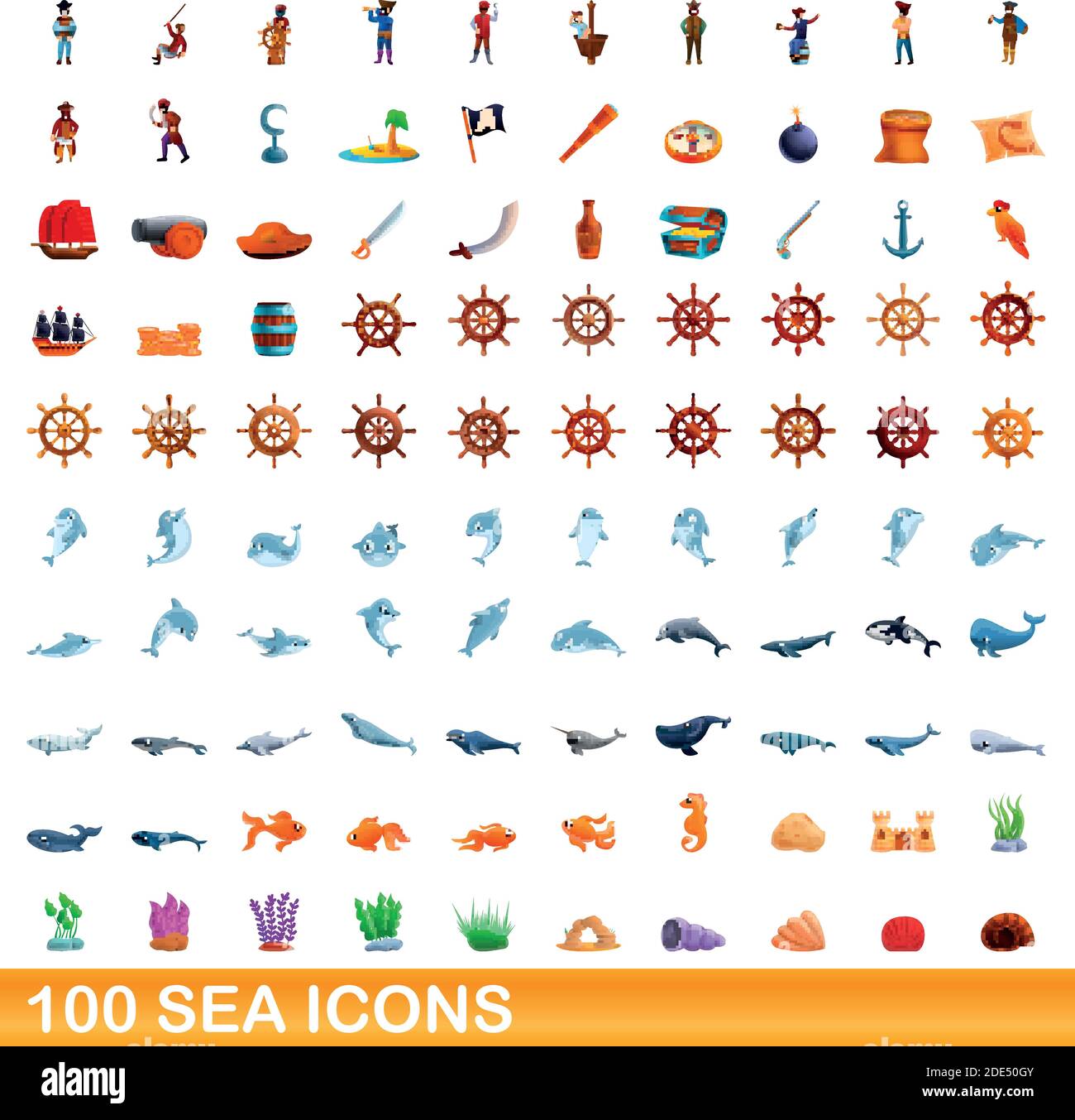 100 SEA-Symbole festgelegt. Cartoon Illustration von 100 SEA Icons Vector auf weißem Hintergrund isoliert gesetzt Stock Vektor