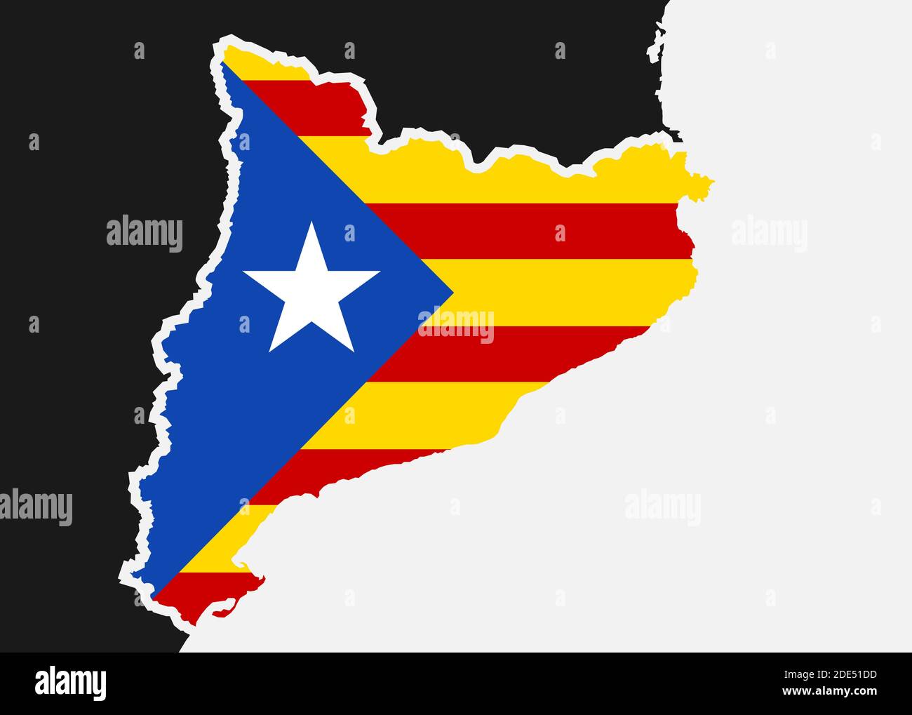 Katalanische Flagge und Territorium von Katalonien. Unabhängiges und autonomes Land und Staat mit Grenzen Stockfoto