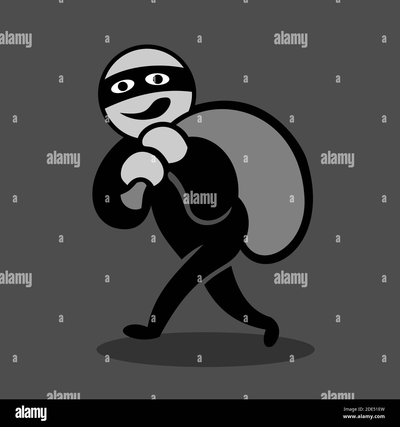 Einbrecher und Verbrecher trägt dunkle Tarnmaske und Tasche. Einbruch und Verbrechen während der Nacht. Dieb trägt gestohlene Sachen nach Raub Stockfoto