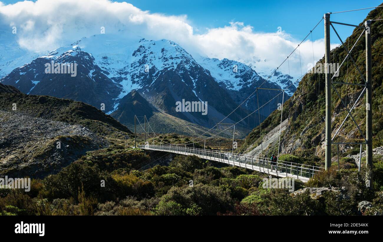Zweite Swing-Brücke auf Hooker Valley Track, Mt Cook National Park Stockfoto