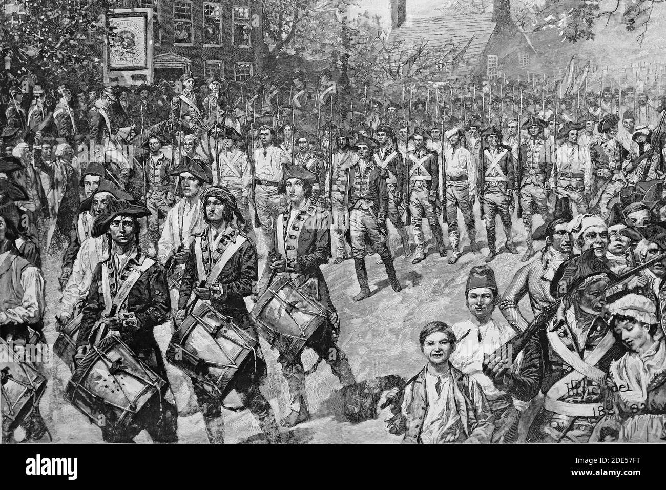 Parade durch New York der US-Truppen nach der Unabhängigkeit von England. November 1783. Antike Illustration. 1884. Stockfoto