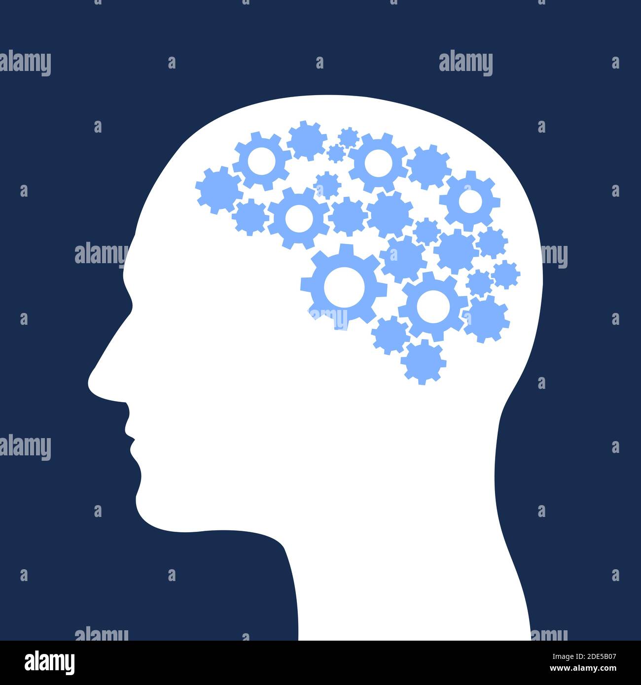 Mann mit Zahnrad in seinem Kopf. Rationale und pragmatische Person mit vernünftigem und vernünftigem Intellekt und Logik. Gehirn als Instrument und Mechanismus. Stockfoto