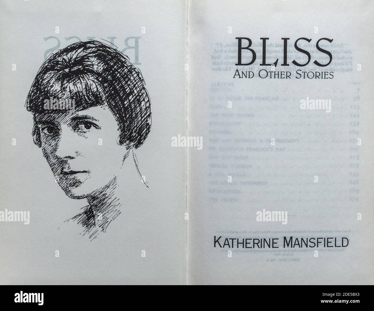 Bliss und andere Geschichten, Buch - Roman von Katherine Mansfield. Titelseite und Zeichnung des Autors. Stockfoto