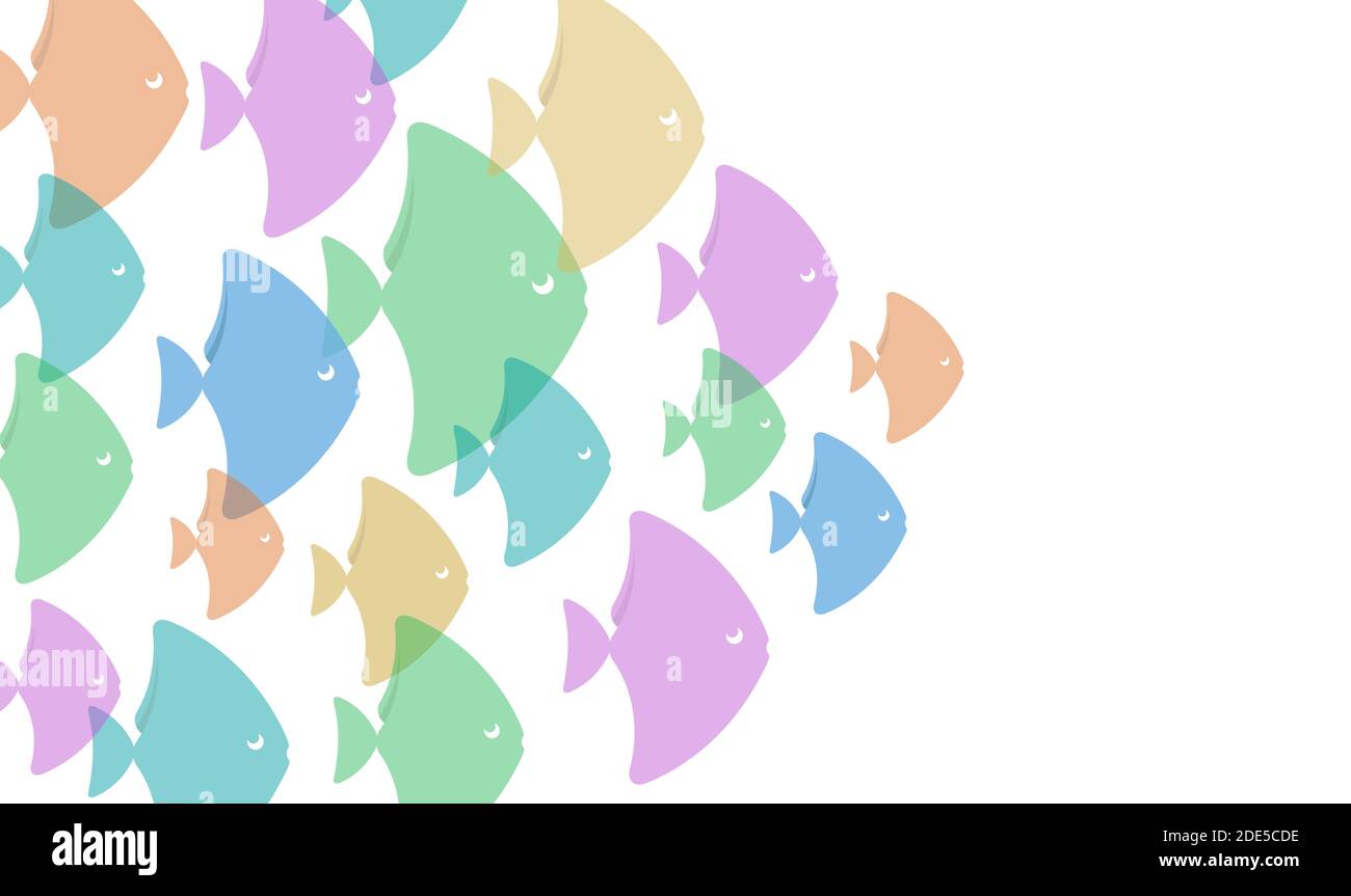 Kleine bunte Fische auf weißem Hintergrund. Kindisch farbenfrohe Pastellmuster, pfeilförmige flache Grafik Stil Stock Vektor