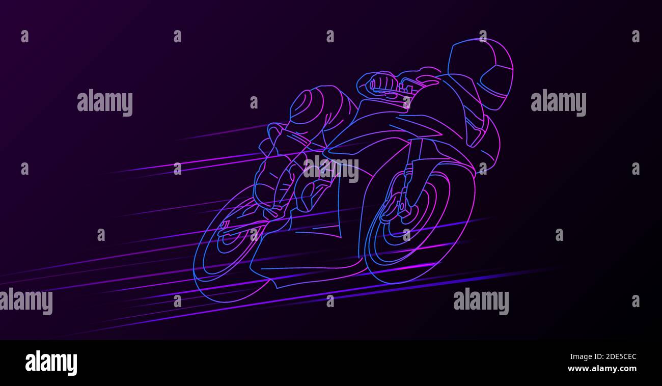 Lineare Illustration von Sport-Motorrad mit Fahrer bewegt sich auf hohe Geschwindigkeit verlassen Neonlichter Spur hinter, dunklen Hintergrund mit Linie Grafik Stock Vektor