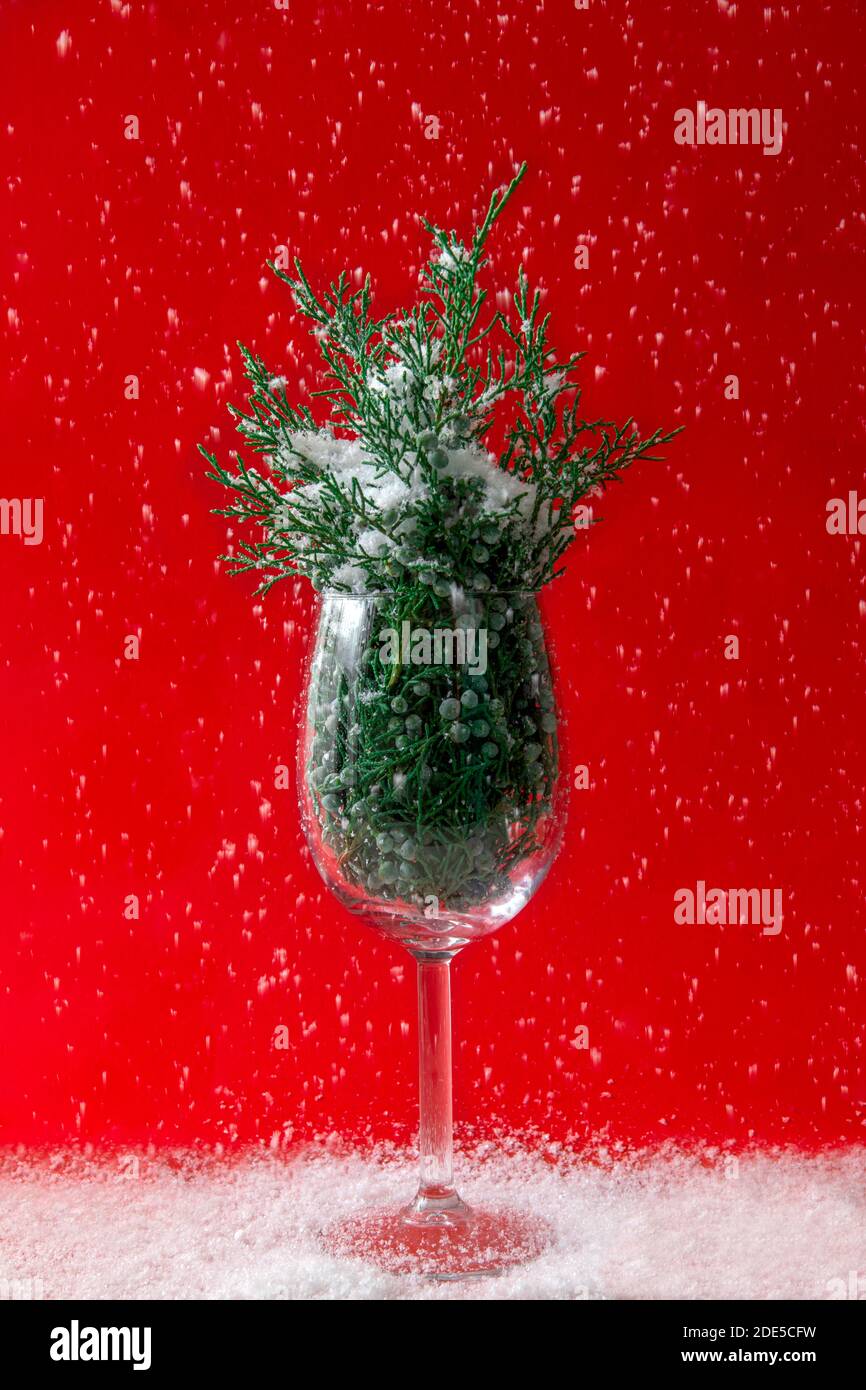 Weinglas gefüllt mit weihnachtsbaum und Schnee mit rotem Hintergrund, Weihnachtszeit beginnt Stockfoto