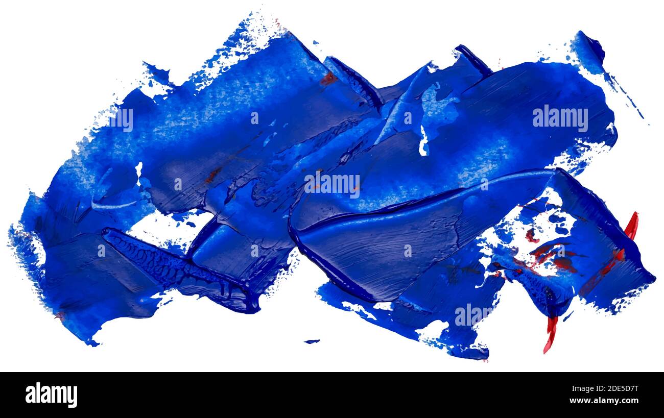Handgezeichneter isolierter Ölpinsel-Streifen mit tief schmutziger blauer Farbe und seltenen kleinen roten Flecken esp 10 Vektorgrafik. Vorlage für Ihren Text oben. Stock Vektor