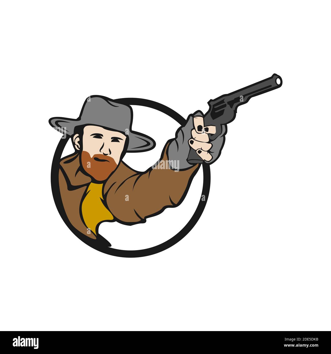 Emblem, Logo, Cowboy Schießen aus zwei Revolvern. Wilder Westen, ein Schläger, Texas, ein Räuber, ein Sheriff, ein Verbrecher, ein Schild. Vektorgrafik, Druck o Stock Vektor