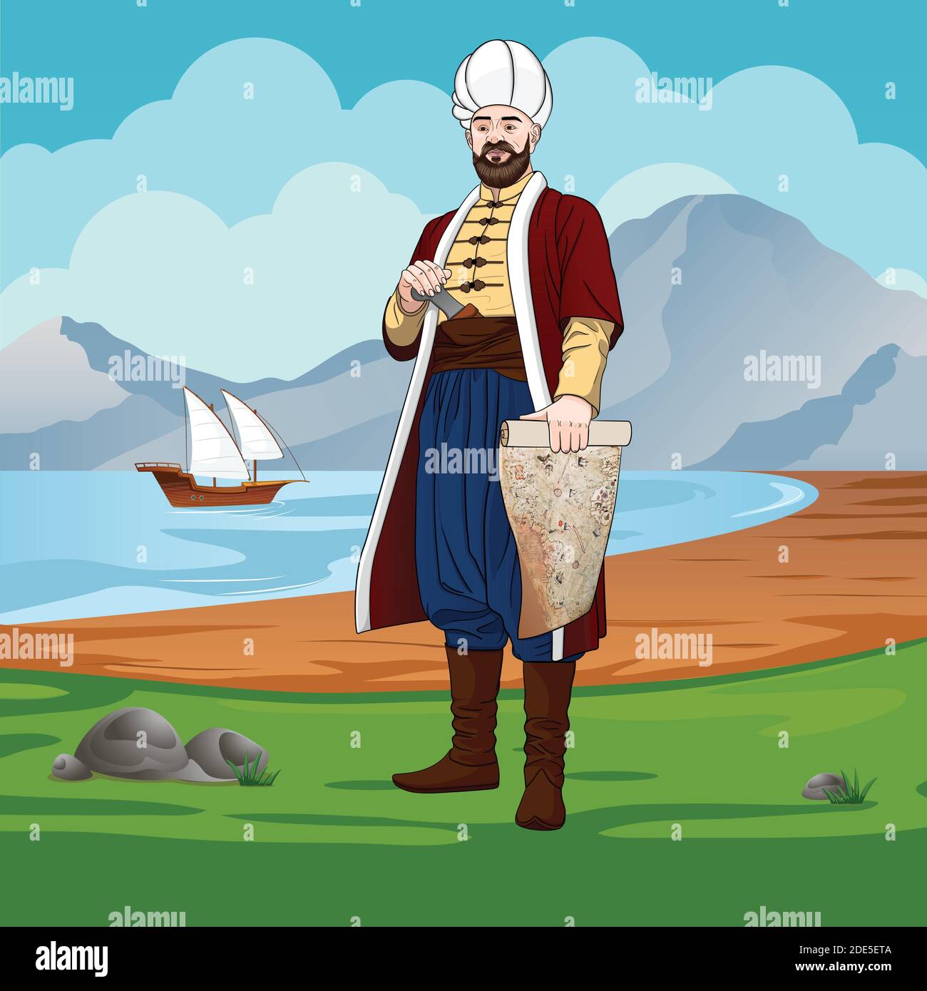 Piri-reis ist auch Muhiddin Piri-bey - osmanischer Navigator, Admiral und Kartograph. Stock Vektor