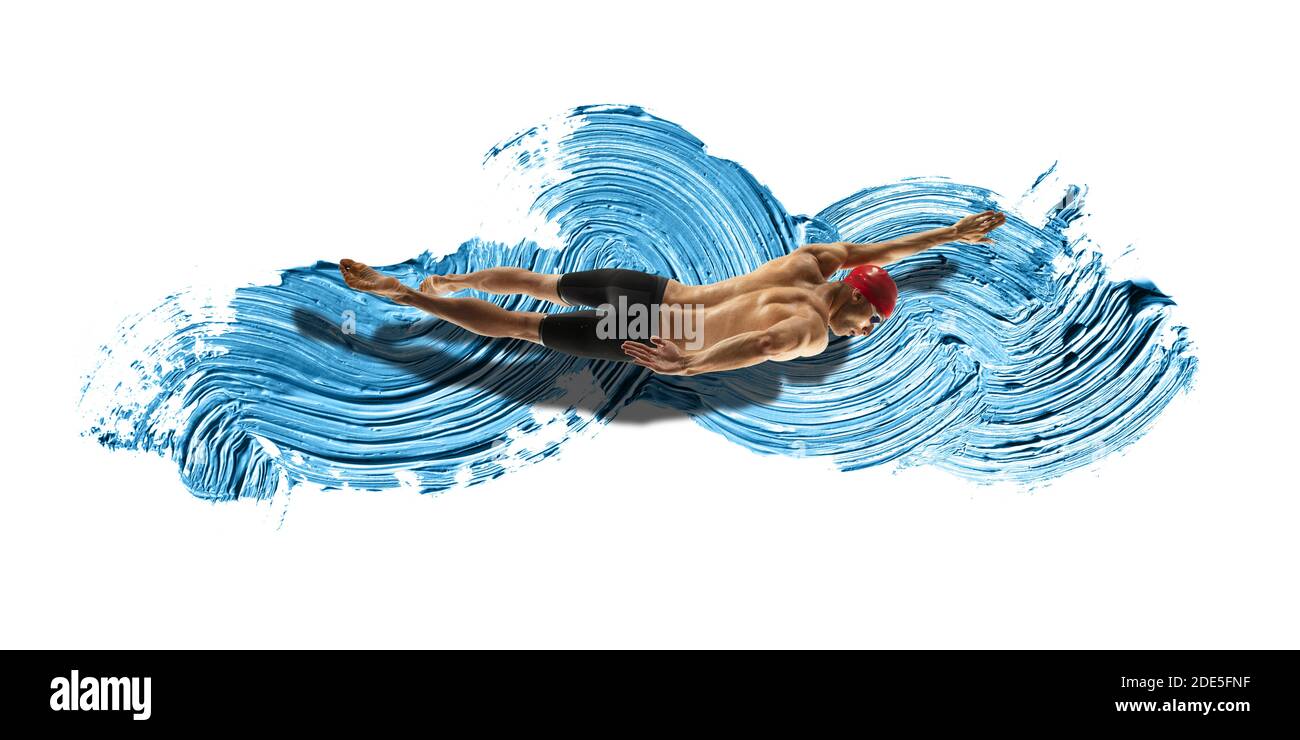 Professionelle kaukasische Schwimmer bewegen in Farbe Pinselstrich, Aquarell. Anmut von Bewegung und Aktion. Bildmaterial. Horizontaler Flieger mit blauem Ozean spritzt wie Wasserwellen auf weißem Hintergrund mit Copyspace. Stockfoto