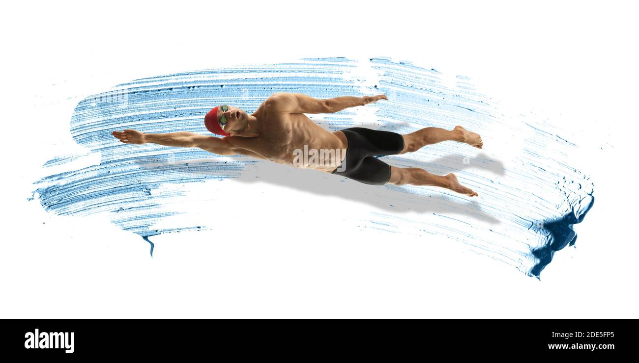 Professionelle kaukasische Schwimmer bewegen in Farbe Pinselstrich, Aquarell. Anmut von Bewegung und Aktion. Bildmaterial. Horizontaler Flieger mit blauem Ozean spritzt wie Wasserwellen auf weißem Hintergrund mit Copyspace. Stockfoto
