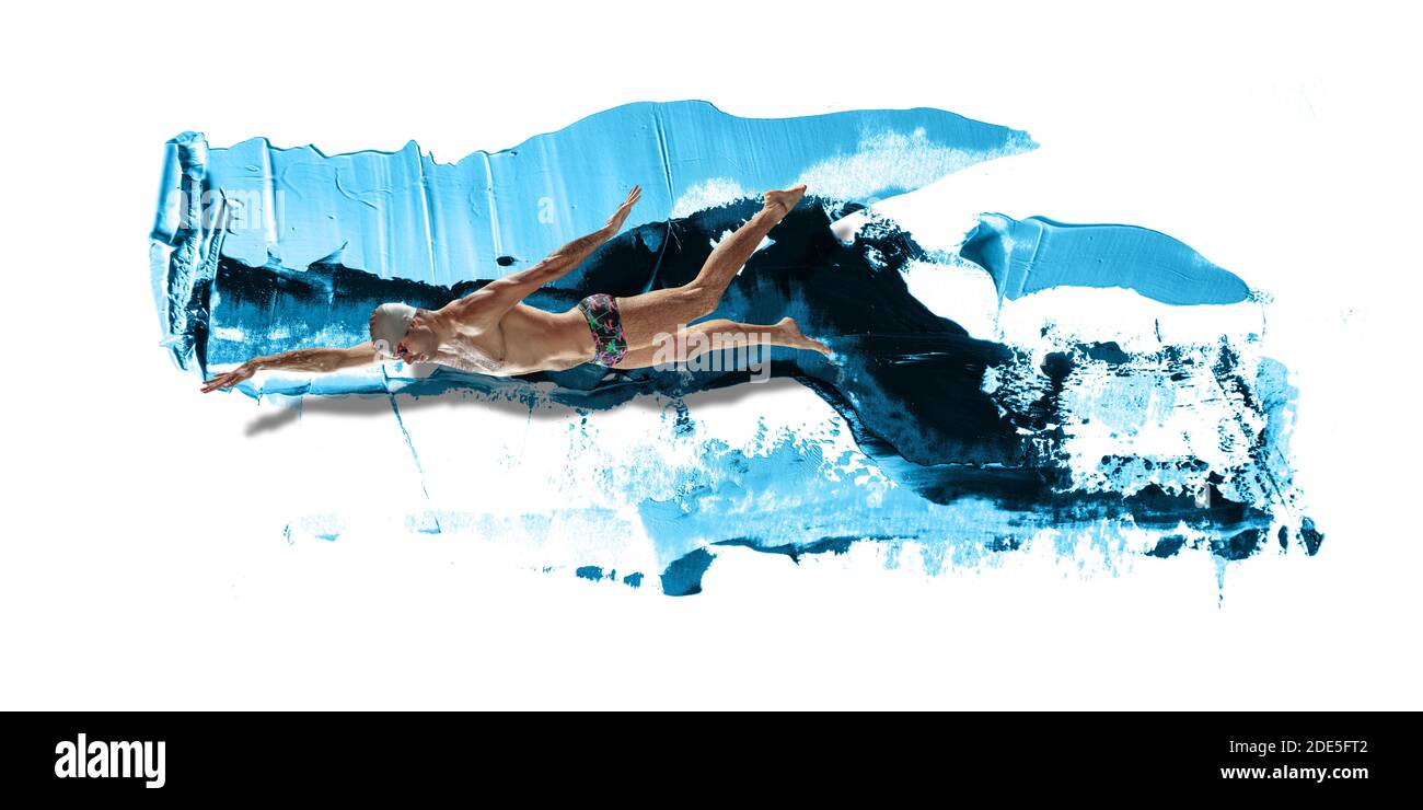 Professionelle kaukasische Schwimmer bewegen in Farbe Pinselstrich, Aquarell. Anmut von Bewegung und Aktion. Bildmaterial. Horizontaler Flieger mit blauem Ozean spritzt wie Wasserwellen auf weißem Hintergrund mit Copyspace. Stockfoto