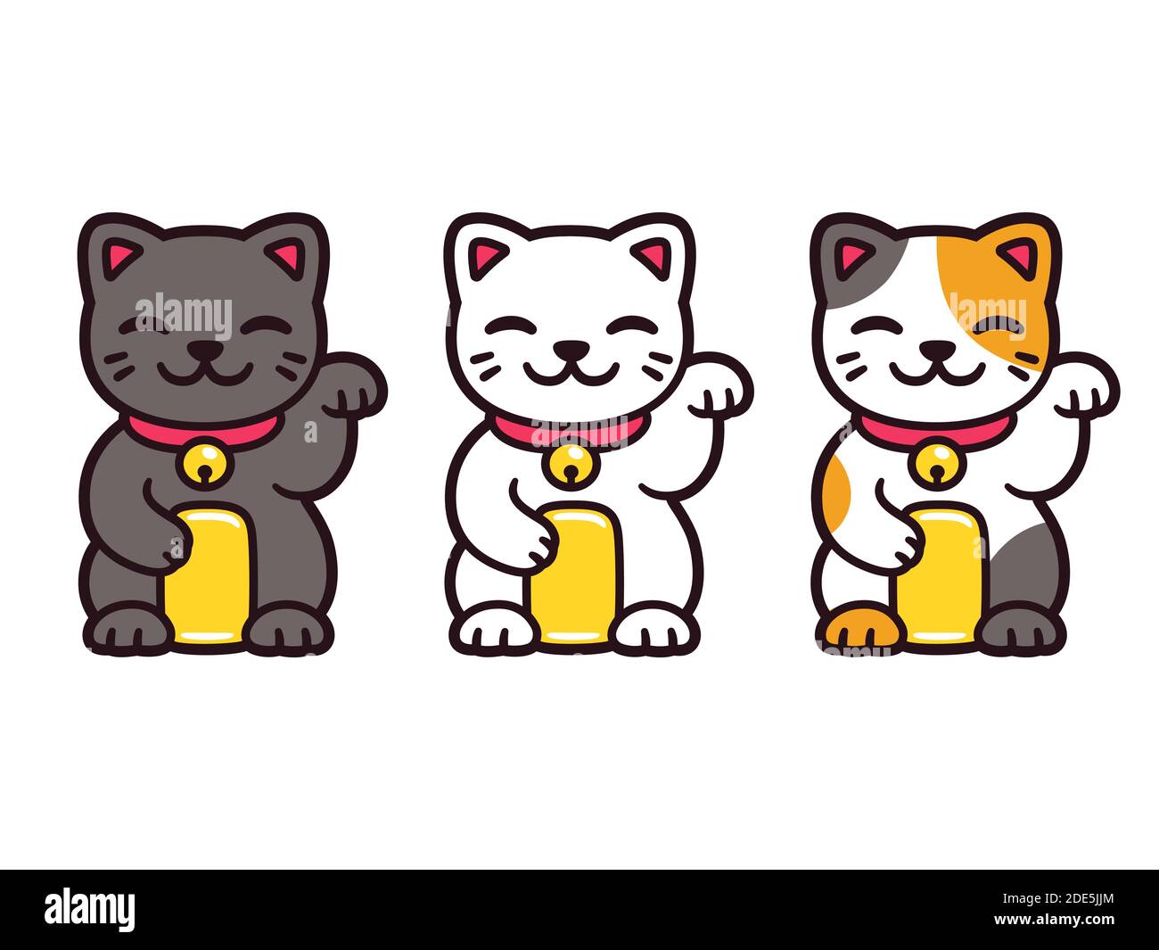 Niedliche Cartoon Maneki Neko, japanische glückliche Katzen. Schwarz, weiß und calico Feng Shui Kitty. Isolierte Vektorgrafik. Stock Vektor