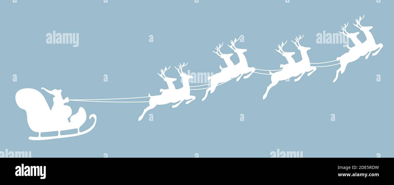 Frohe Weihnachten und Neujahr. Vektor-Design Silhouette Santa Claus fliegen mit Rentier Hirsch Schlitten. Design Element Poster, Banner, Einladung, congra Stock Vektor