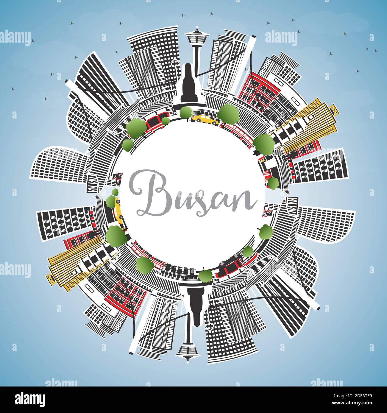 Busan Südkorea City Skyline mit Color Buildings, Blue Sky und Copy Space. Vektorgrafik. Business Travel und Tourismus Konzept. Stock Vektor