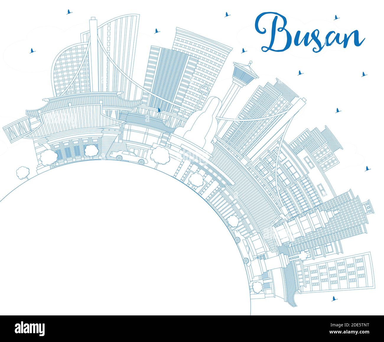 Skizzieren Busan Südkorea City Skyline mit blauen Gebäuden und Copy Space. Vektorgrafik. Business Travel und Tourismus Konzept. Stock Vektor