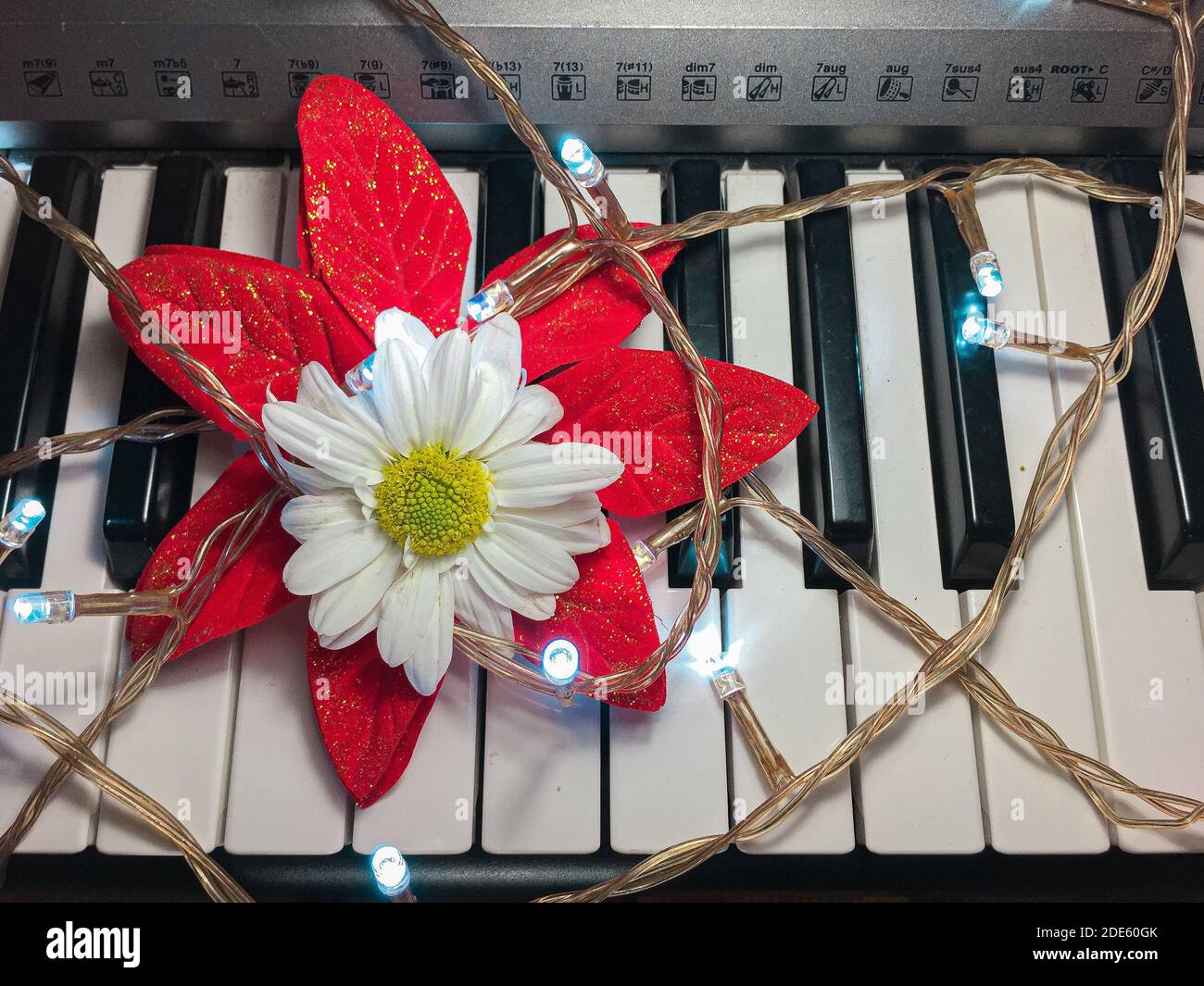 Eine Nahaufnahme von künstlichen Blumen verwickelt in Weihnachtsbeleuchtung an Die Klaviertasten Stockfoto