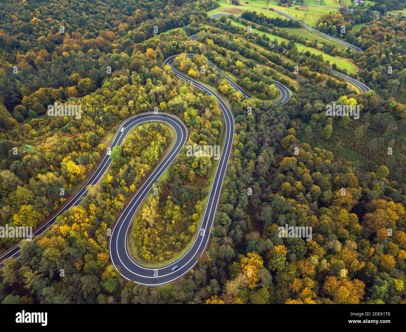 Kurvenreiche Straße in Polen. Subcarpathia, Polen. Stockfoto