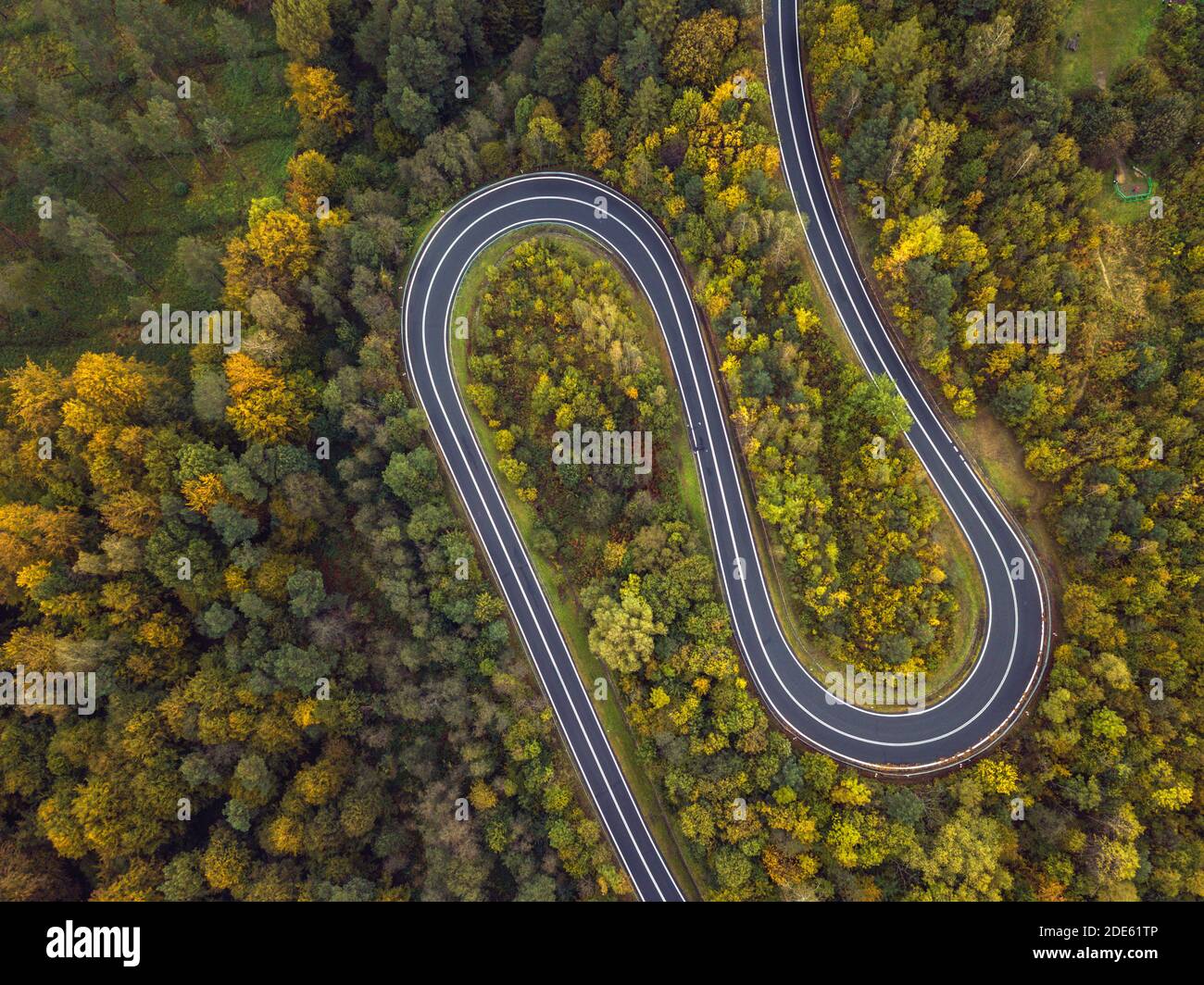 Kurvenreiche Straße in Polen. Subcarpathia, Polen. Stockfoto