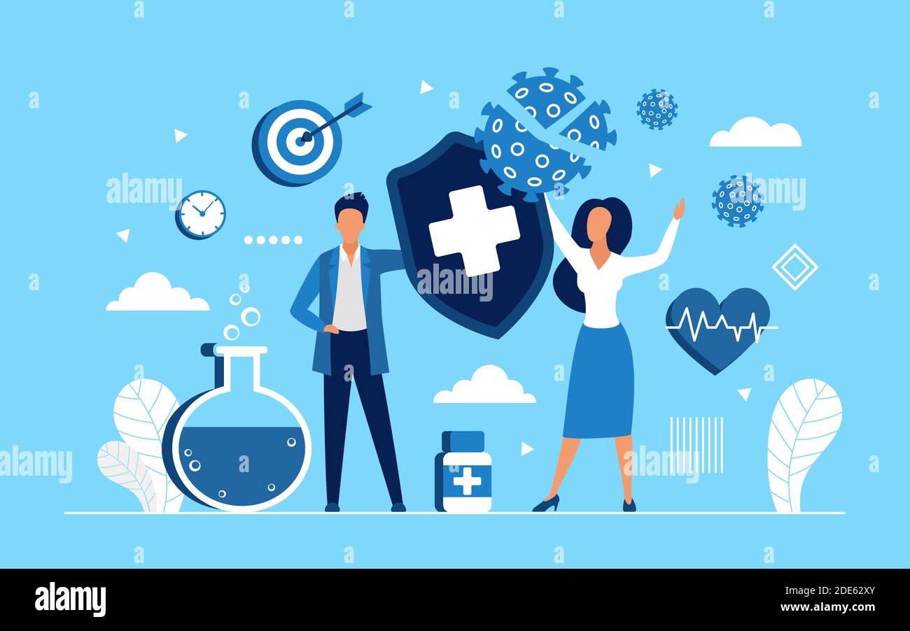 Coronavirus Schutz Konzept Vektor Illustration. Cartoon winzige Menschen halten Schild vor Corona-Virus Epidemie Krankheit zu schützen, neben großen Kolben Reagenzglas und medizinische Pillen Hintergrund stehen Stock Vektor