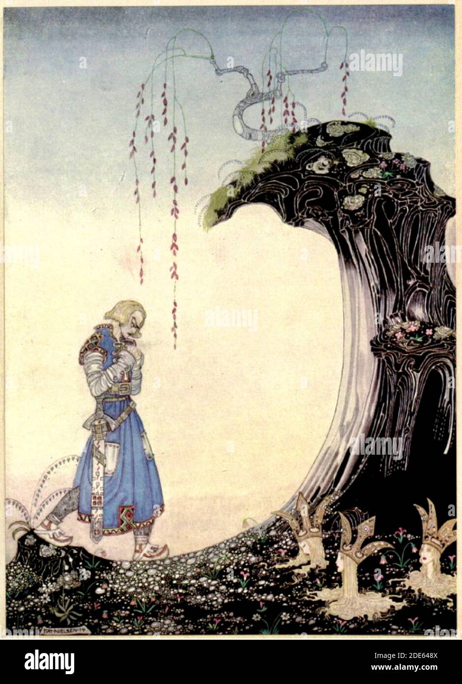Sie kommen zu drei Prinzessinnen, die Sie in der Erde bis zum Hals stehen sehen, mit nur ihren Köpfen aus - Kay Nielsen Illustration. Stockfoto