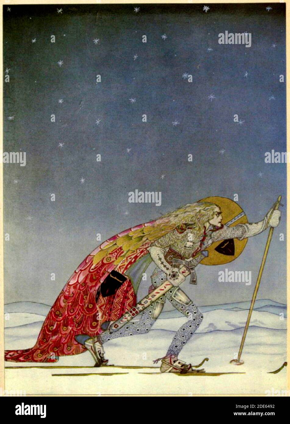 Kay Nielsen Illustration - so gab ihm der Mann ein Paar Schneeschuhe - hier gehüllt Wanderungen durch Eis und Schnee. Stockfoto