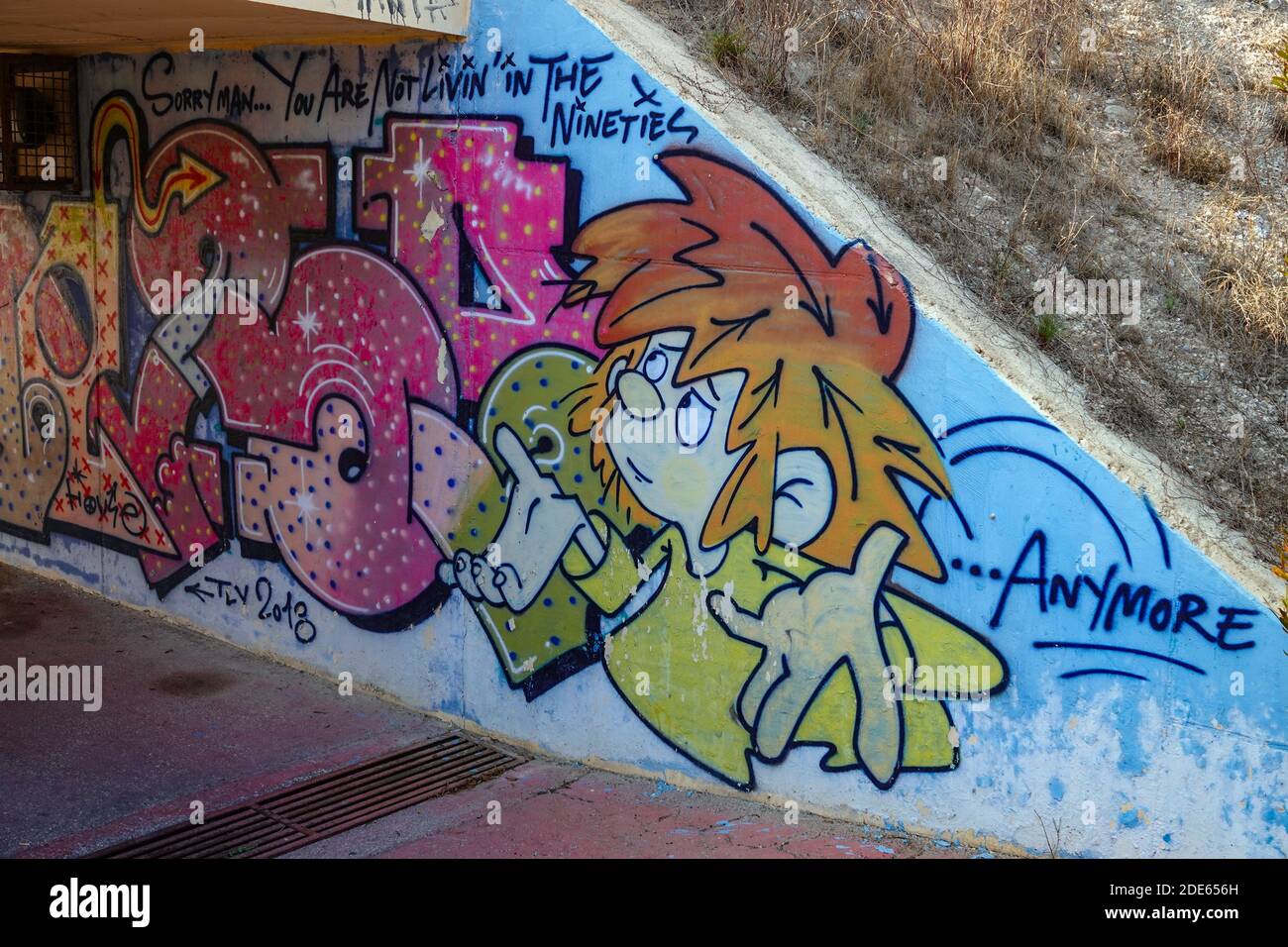 Cartoon Figur, Graffiti, Street Art, in La Mata, Torrevieja, Costa Blanca, Spanien, Provinz Valencia Stockfoto