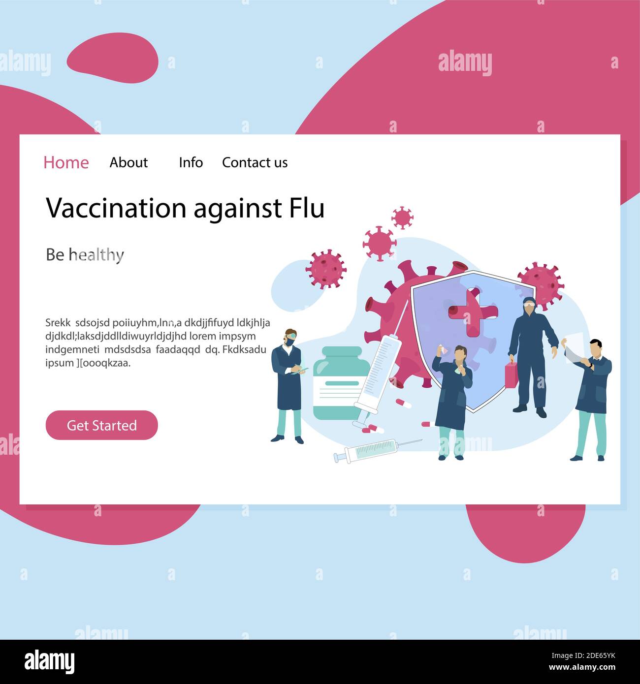 Landing-Page-Impfung gegen Grippe und Virus. Design von Web-Plattform-Immunisierung und verhindern Corona-Virus, Vektor-Impfung und Pflegekonzept. Illust Stock Vektor