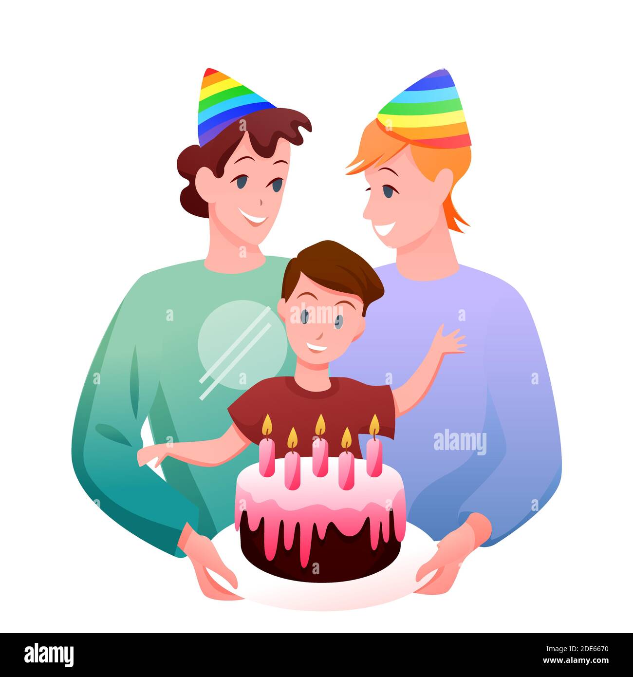 Gay LGBT Familie Feier Vektor Illustration, Cartoon Wohnung glücklich zwei Väter mit Jungen Kind feiert Geburtstag mit Geschenk Kuchen isoliert auf Stock Vektor