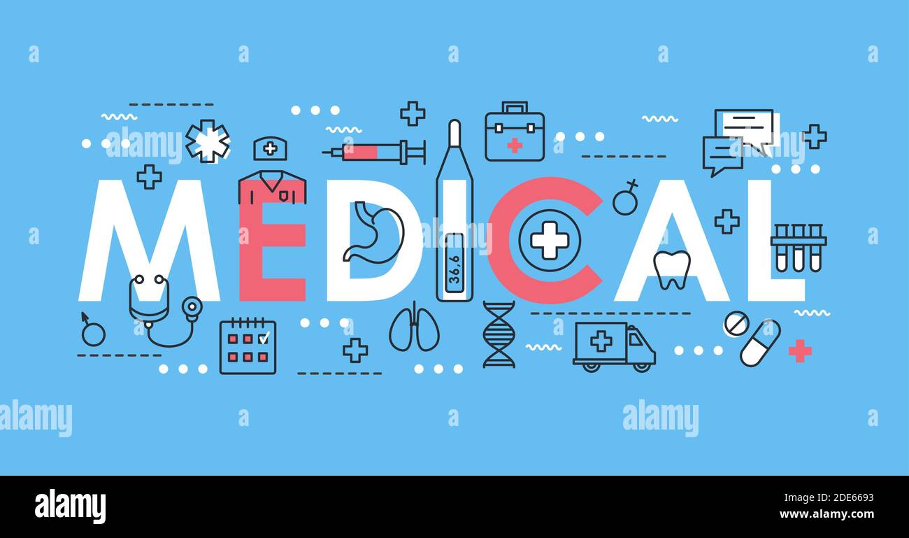 Medizinisches Wort dünne Linie Vektor-Illustration mit Medizin und Gesundheit Symbole, medizinische Unterstützung Gesundheit, Labordiagnose und Behandlung Stock Vektor