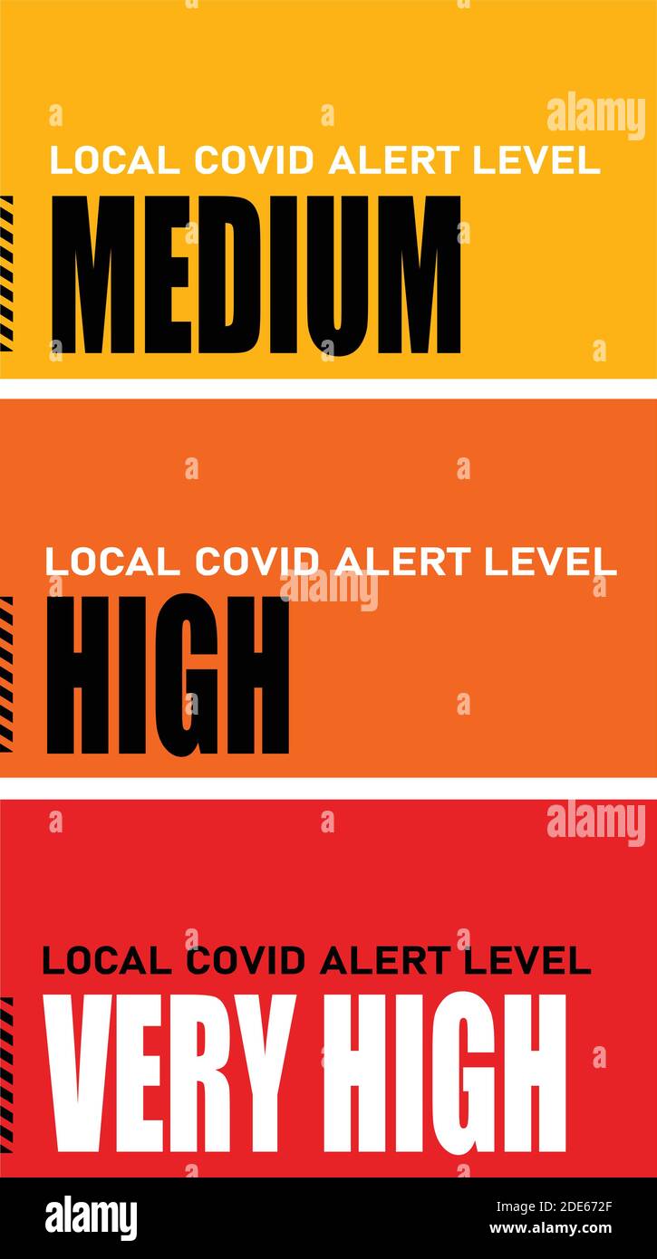Lokale COVID-Alarmstufen (Mittel, hoch, sehr hoch). Neues Tier-System im Vereinigten Königreich am 2. Dezember 2020 verwendet, um die Öffentlichkeit vor Coronavirus zu warnen Stock Vektor