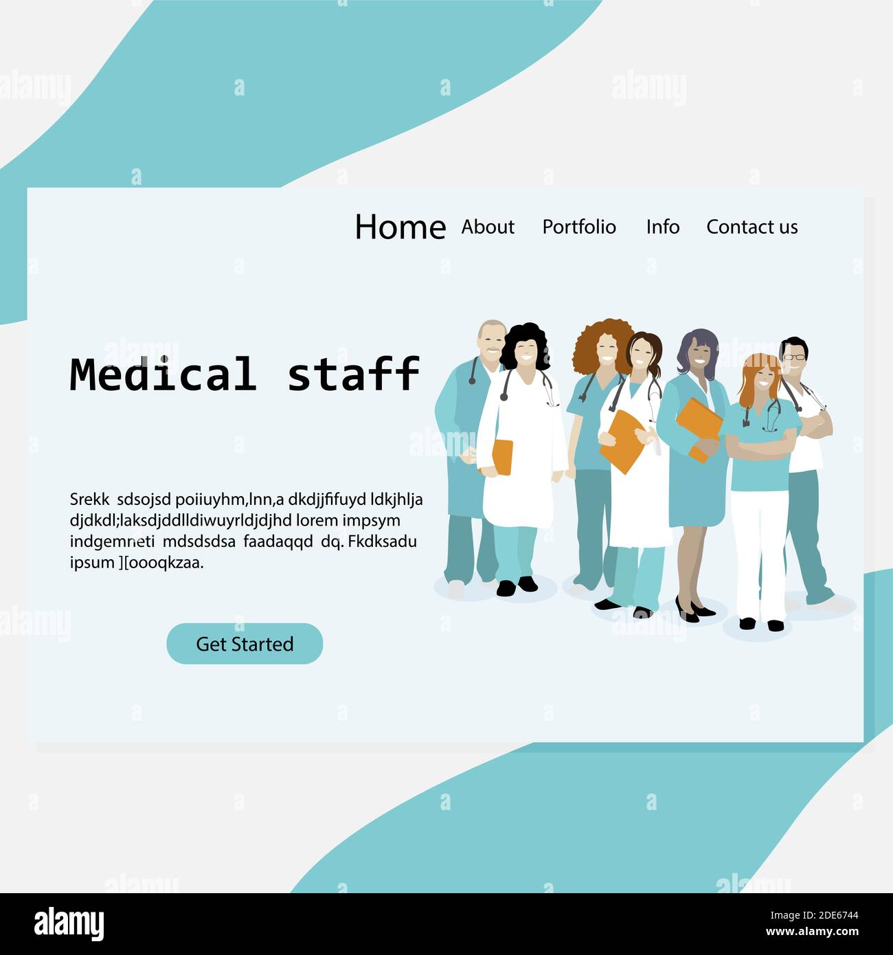 Startseite medizinisches Personal, Klinik oder Krankenhaus Homepage. Arzt und Krankenschwester, Arzt und Zahnarzt, Website Gesundheitswesen. Vektorgrafik Stock Vektor
