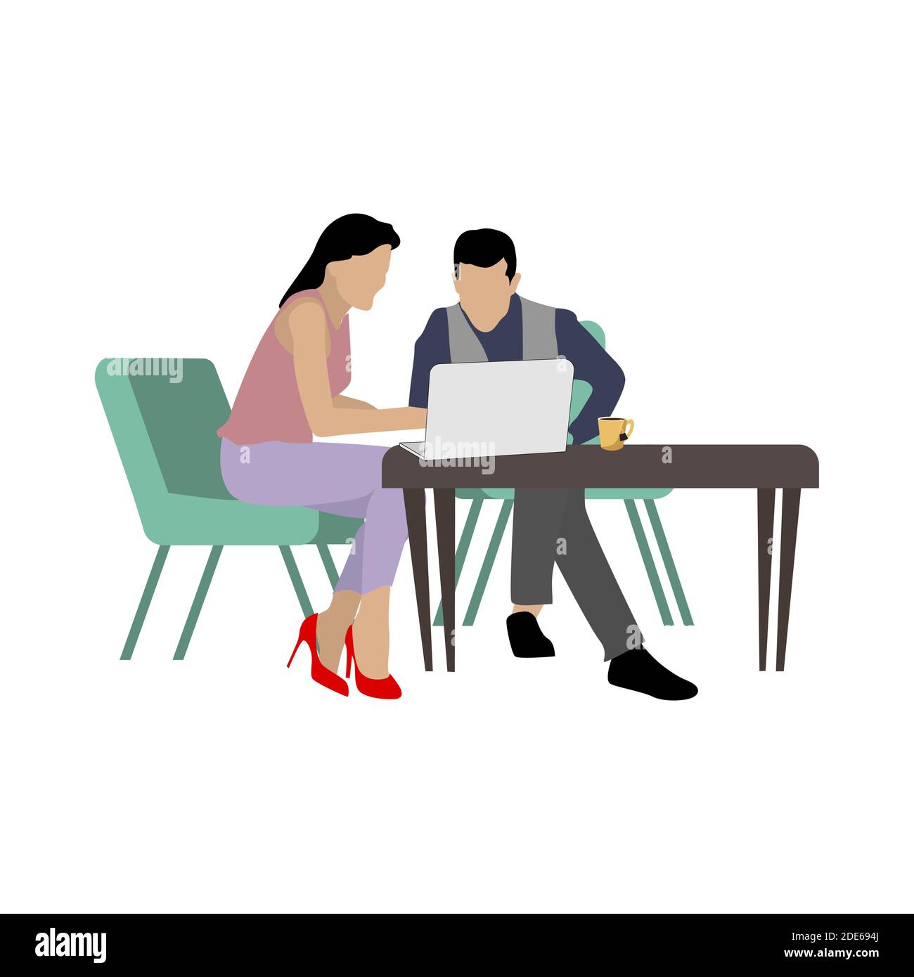 Geschäftstreffen mit dem Kunden. Menschen sprechen. Geschäftsleute arbeiten im Büro. Vector Partnerschaft Beruf, Zusammenarbeit, im Café mit Laptop, Partner Stock Vektor