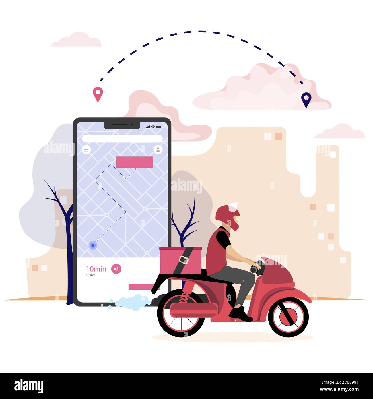 Lieferung Pizza Fast Food durch mobile Anwendung. Fahrer auf Moped, Tracking-Kurier auf der Karte, Motorrad-Stadtfahrt vom Restaurant, Service-Lieferung. Vect Stock Vektor