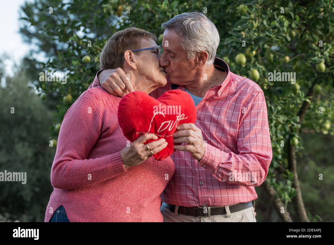 Romantisches Seniorenpaar mit rotem Herz umarmt und küsst sanft Während der Feier Hochzeitstag Stockfoto