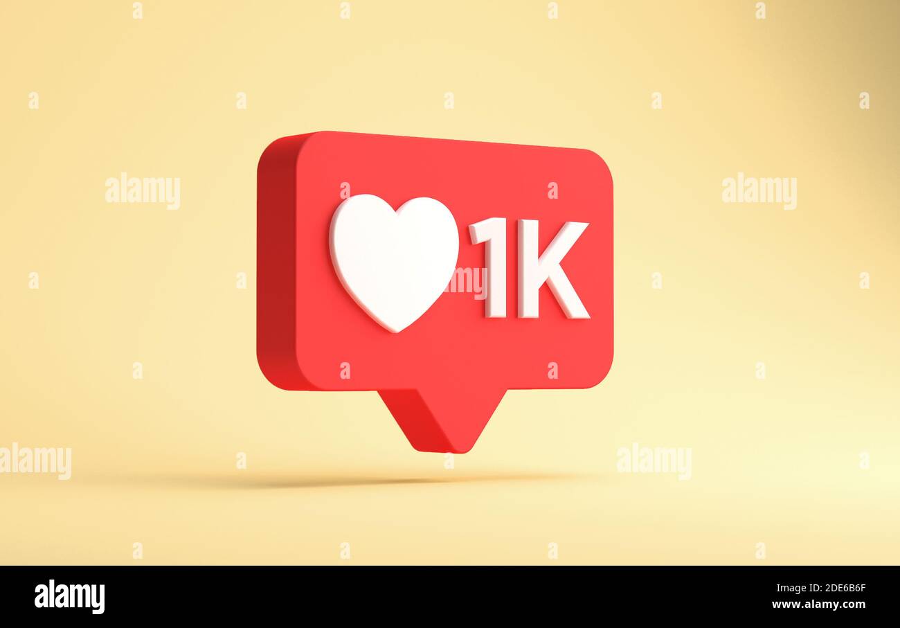 3d-Rendering von instagram One Thousand Likes schwebende Benachrichtigung isoliert Auf gelbem Hintergrund Stockfoto