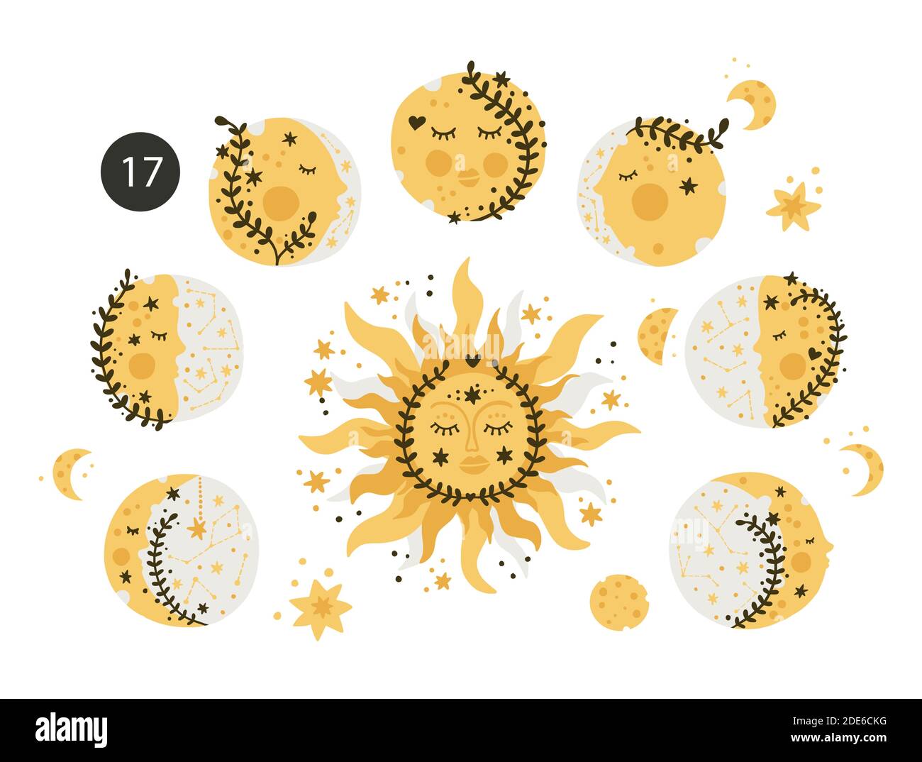 Mond und Sonne Vektor Kinder Design. Mondphase schönes Kindermotiv. Nette esoterische Kosmosm Form. Astronomie Halbmond Form. Stock Vektor